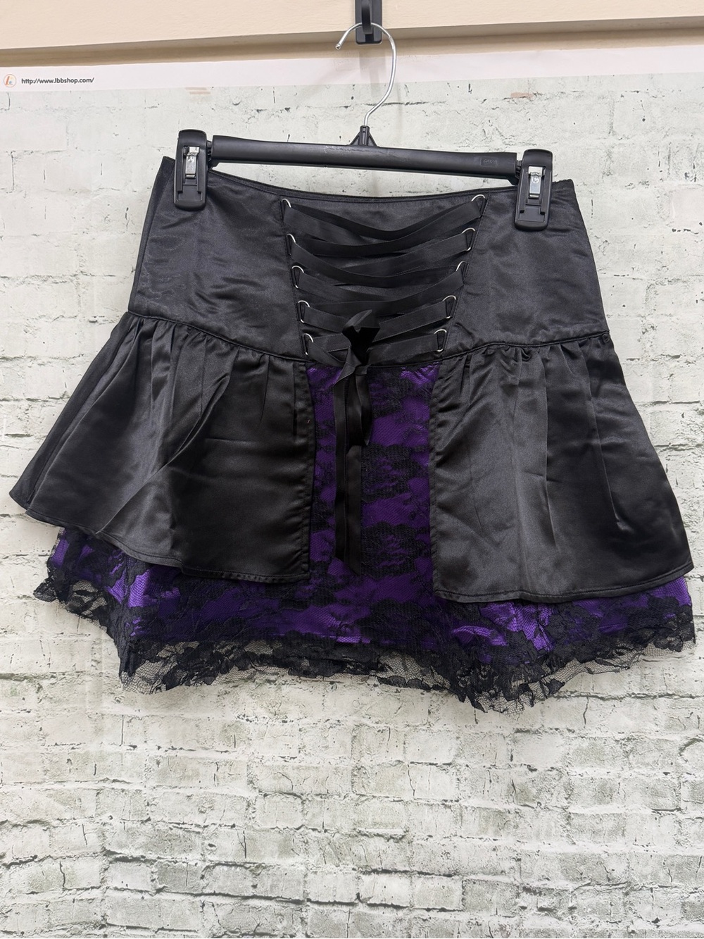 Black & purple Satin Lace-Trim Tiered Mini Skirt - NWT